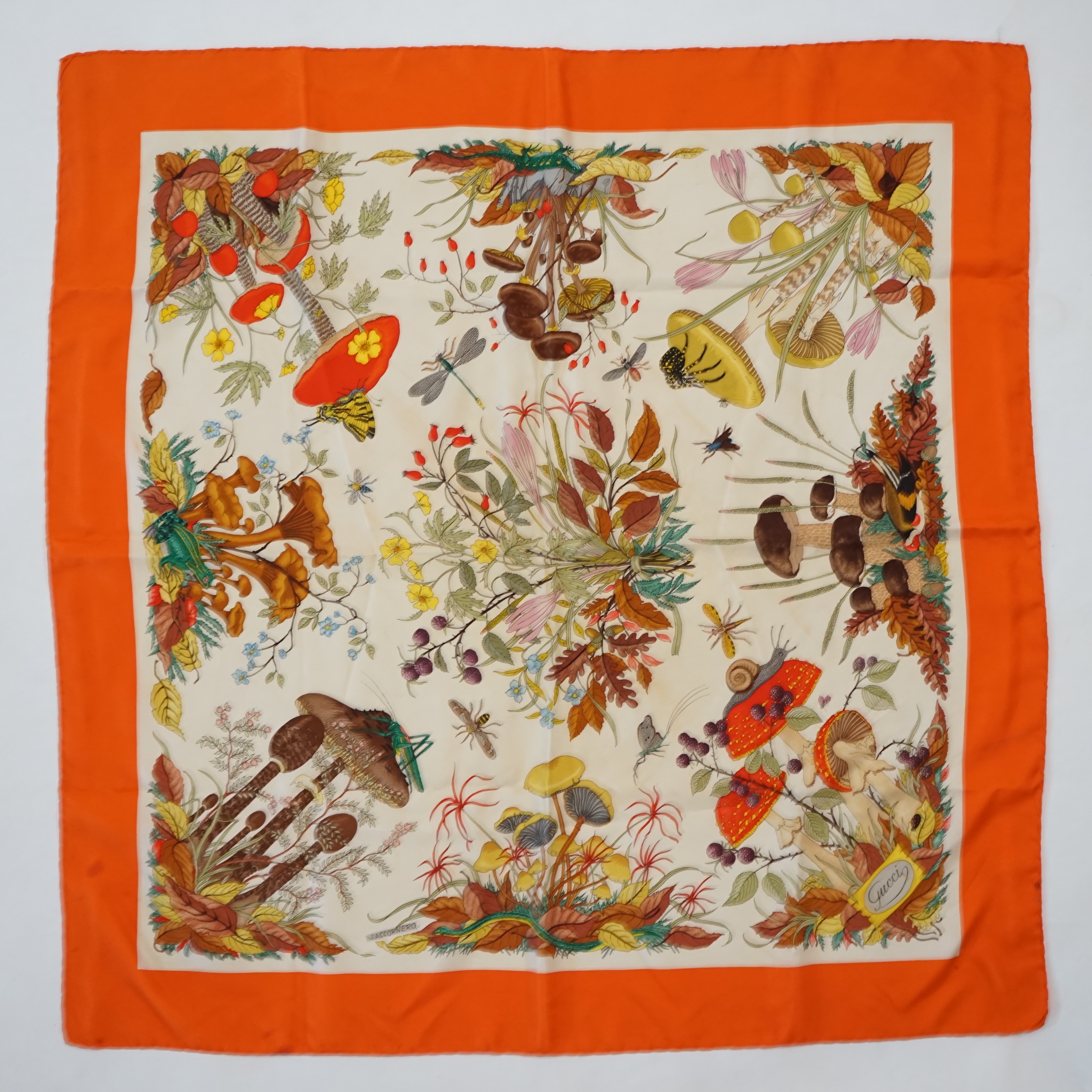 A Gucci vintage red floral silk scarf 'Funghi Mushrooms' by Vittorio Accornero, 87cm x 85cm
